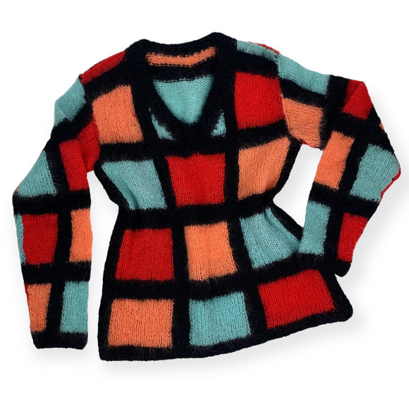 70's hand knitted mohair color block sweater - Picture 3 of 14
